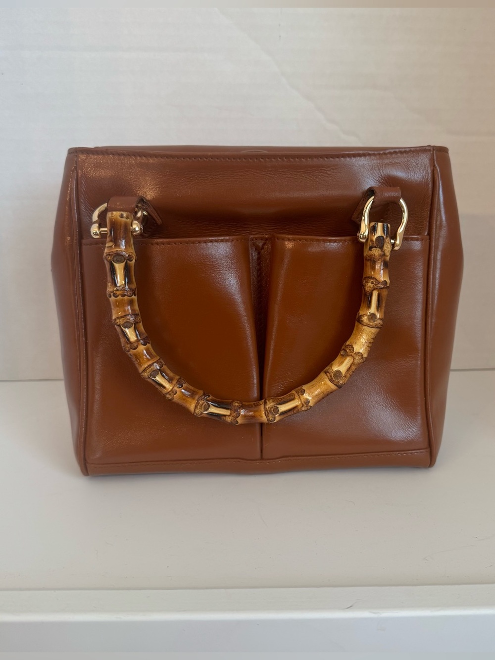 Authentic Gucci Brown Leather Top-Handle Tote with Bamboo Handle